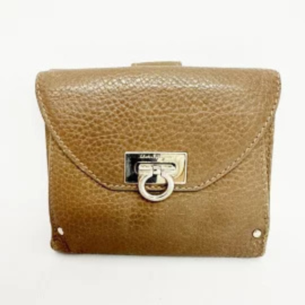 Salvatore Ferragamo Gancini Bi fold Wallet Dark Brown Leather